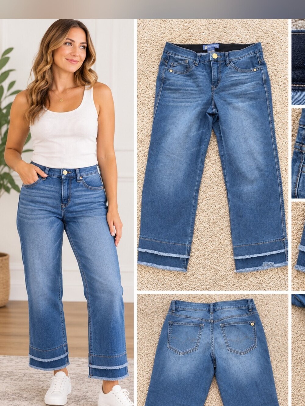 Democracy Medium Blue Wide-Leg Cropped Jeans with Frayed Double Hem